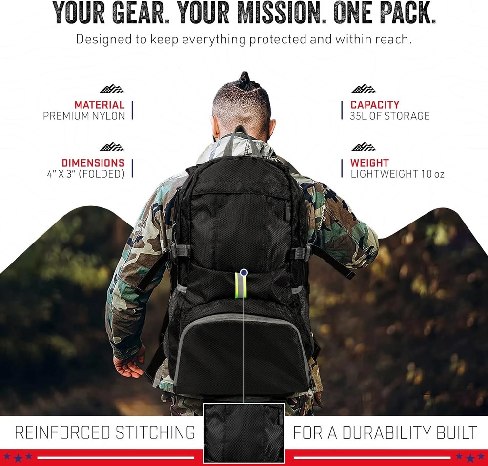 35L Foldable Backpack Lightweight Packable Travel Daypack Water Resistant