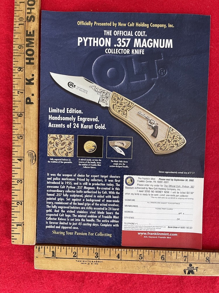 Print Ad For Colt Python .357 Magnum Collector Knife Advertisement