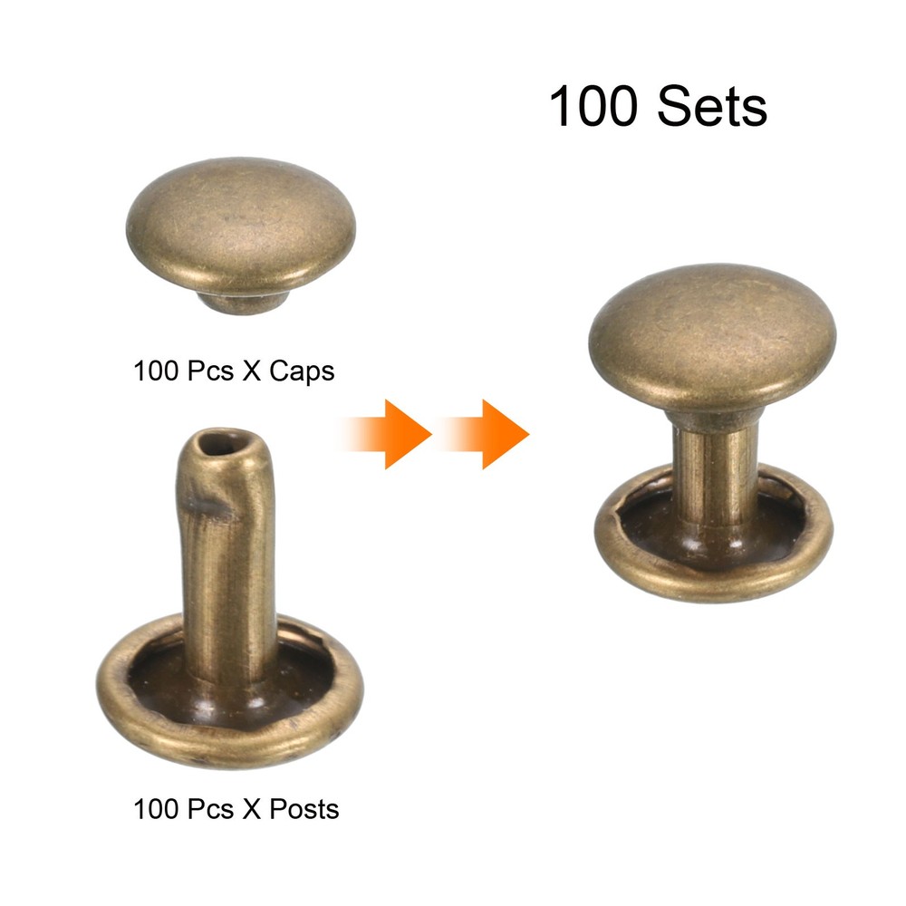 100 Sets Leather Rivets, 7x8mm Double Cap Rivets, Bronze Tone
