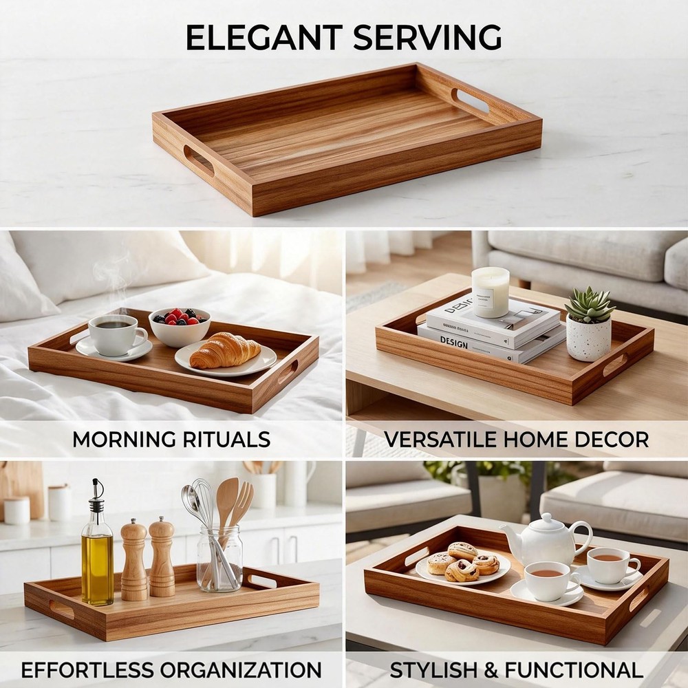 Wooden Serving Tray with Handles, Rustic Brown Rectangular Serving Platter 15...