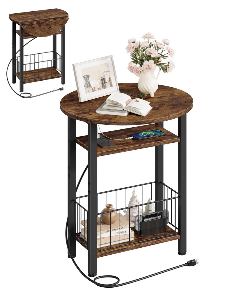Folding Side Table with Charging Station, 3-Tier Narrow End Table with Foldin...