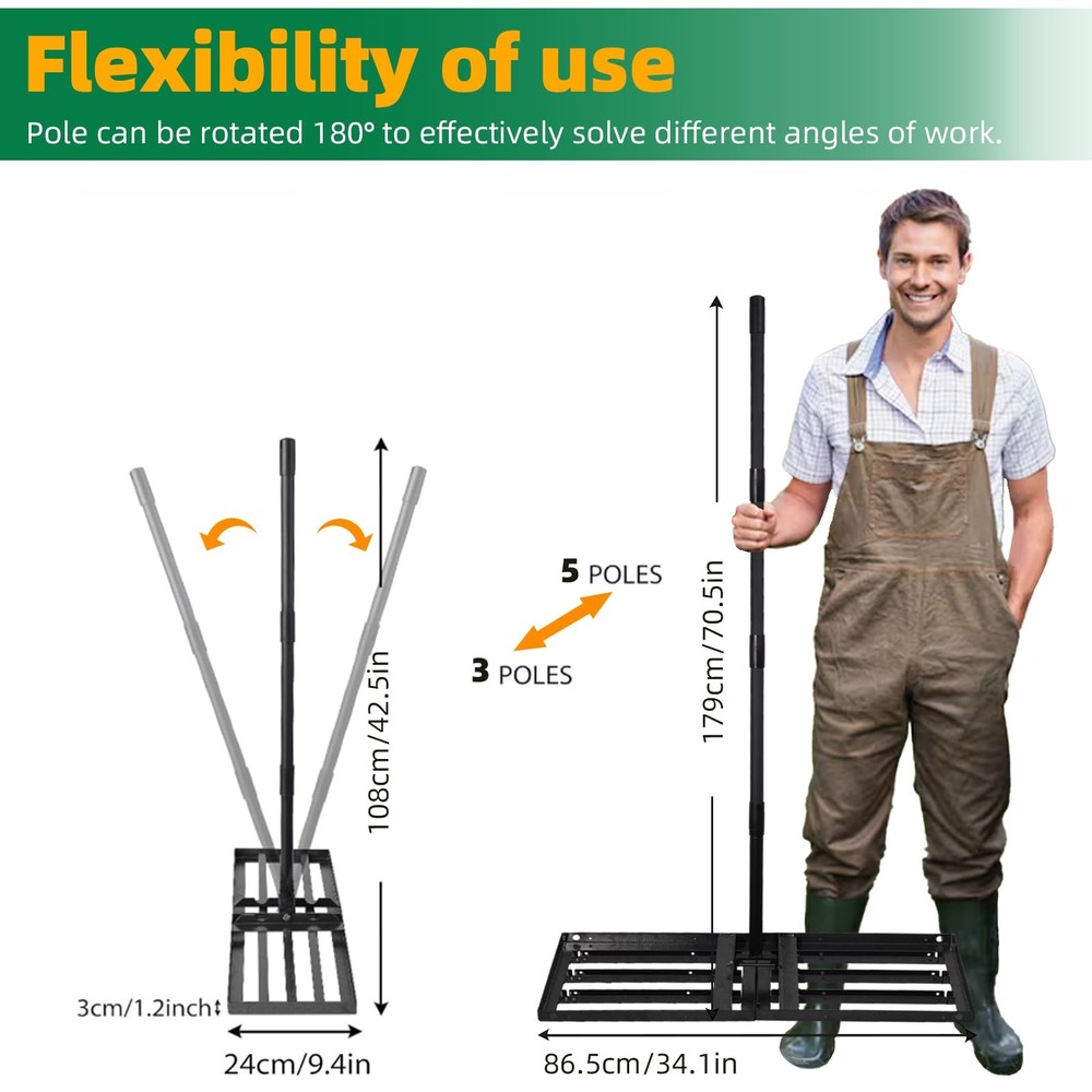 Lawn Leveling rake 34.1"x9.4" Levelawn Tool with 70.5" Adjustable Long Handle...
