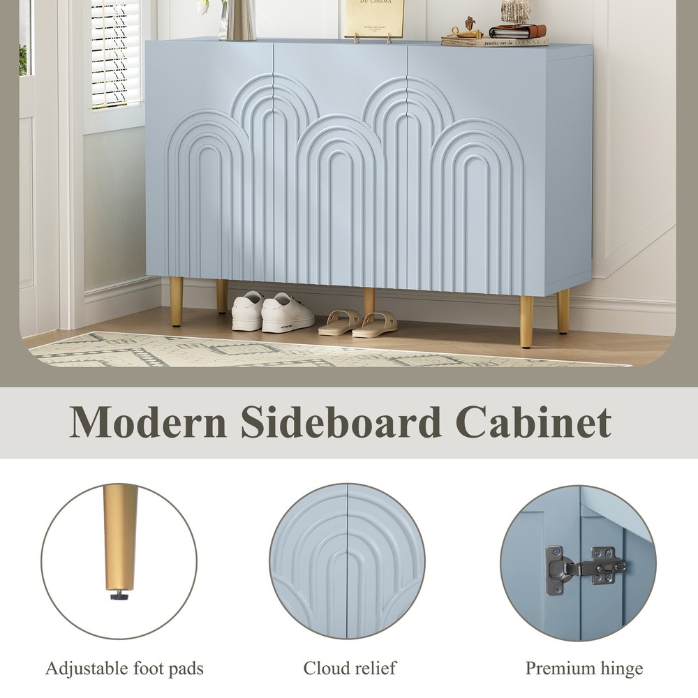 Wood Accent Storage Cabinet with Storage and 3 Doors with Relief Patterned Blue