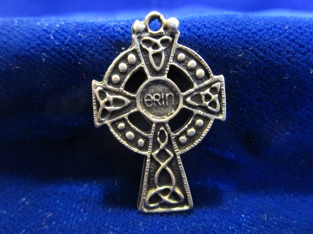 Celtic Cross Silvertone ERIN on reverse 1-1/4" long