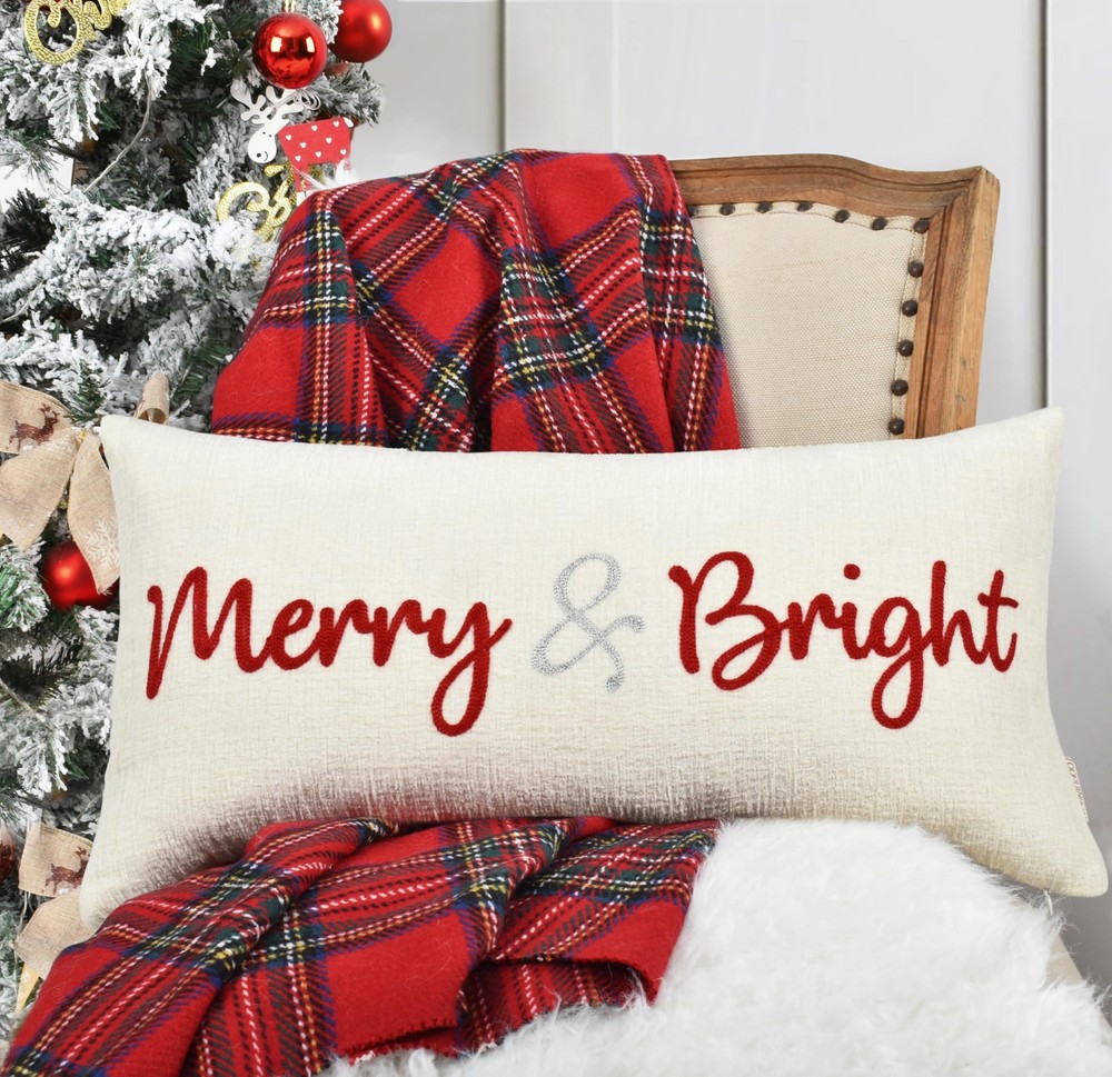 Nice Merry and Bright Christmas Decor Cotton Burlap Decorative Rectangle Thro...