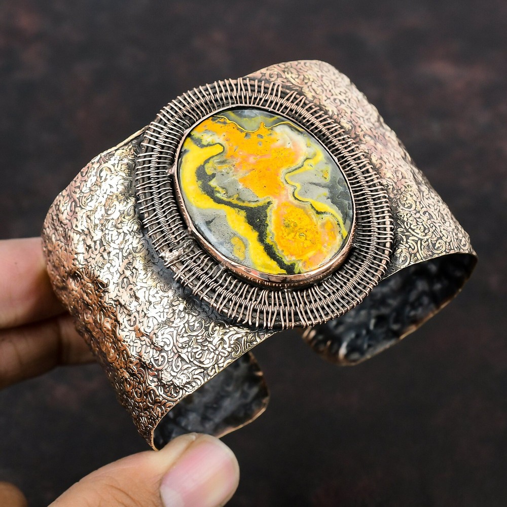 Bumble Bee Jasper Jewelry Copper Mum Gift Wire Wrapped Adjustable Bangle