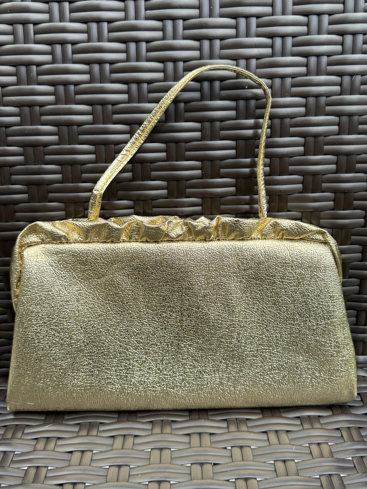Vintage 1960s Mod/Glam Gold Ruffle Bag With Rhinestone Clasp, 6x10”