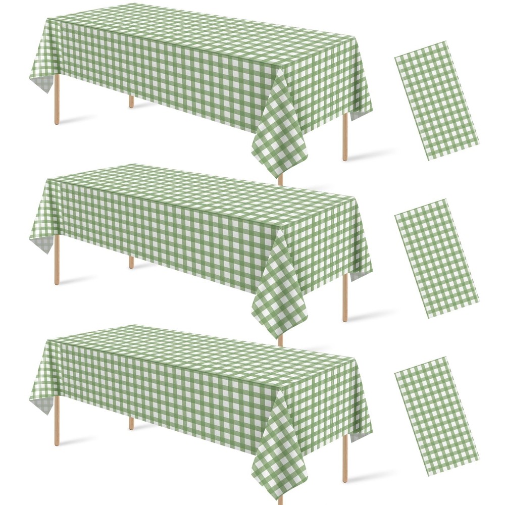 3 Pcs Sage Green Gingham Tablecloth Decorations, Disposable Plastic Green Che...