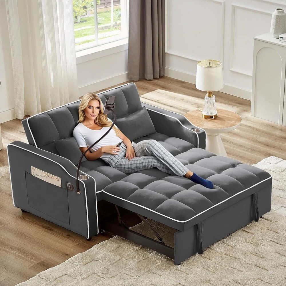 Convertible Sofa Bed Sleeper Couch Pull Out Bed with Cup Holder & USB Interface