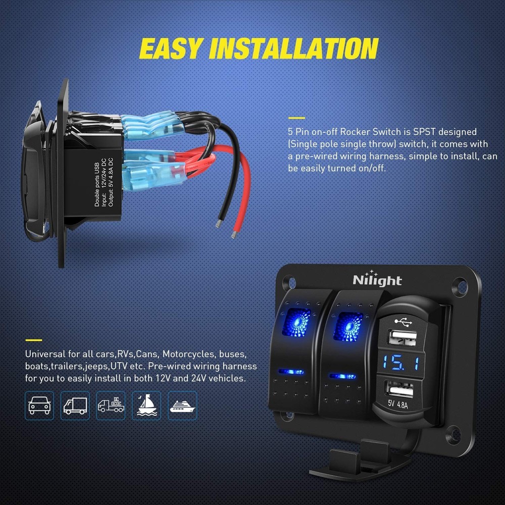 2 Gang Rocker Switch Panel with 4.8 Amp Dual USB Charger Voltmeter Waterproof...