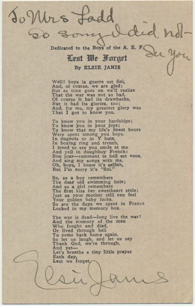 Elsie JANIS / Inscribed Document Signed