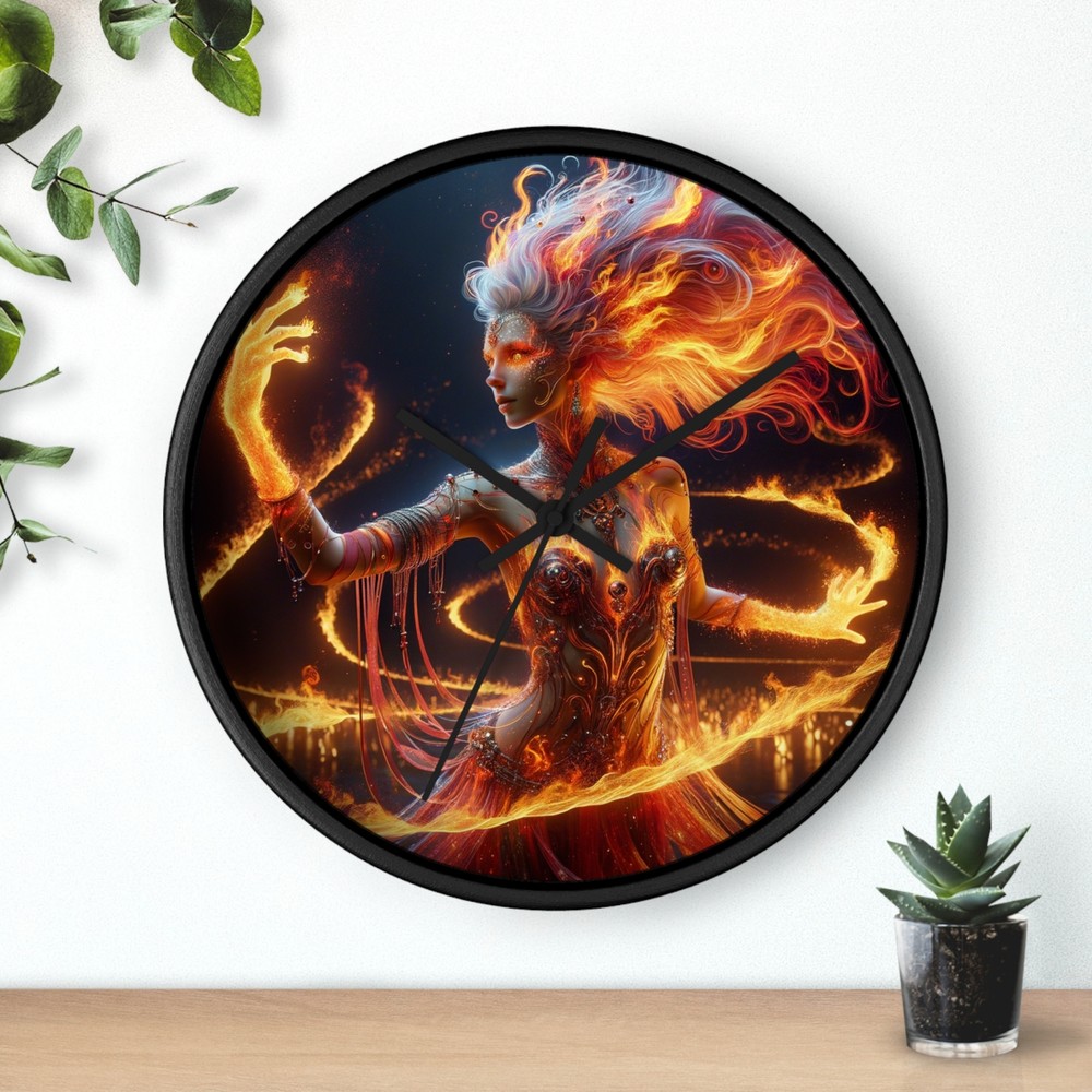 Home Decor Wall Clock Elemental Flame Dancer Hyper-Realistic Art