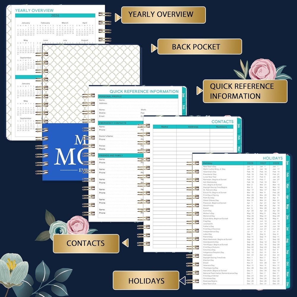 Portable Floral Planner 2026: Ample Writing Space with Elastic Closure Strap