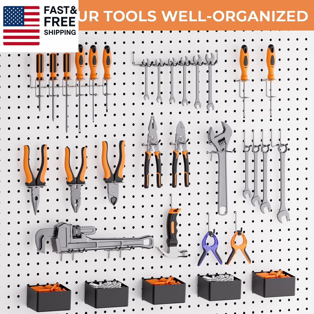 120PCS Pegboard Accessories Organizer Kit, Peg Board Hooks Assortment with Bin