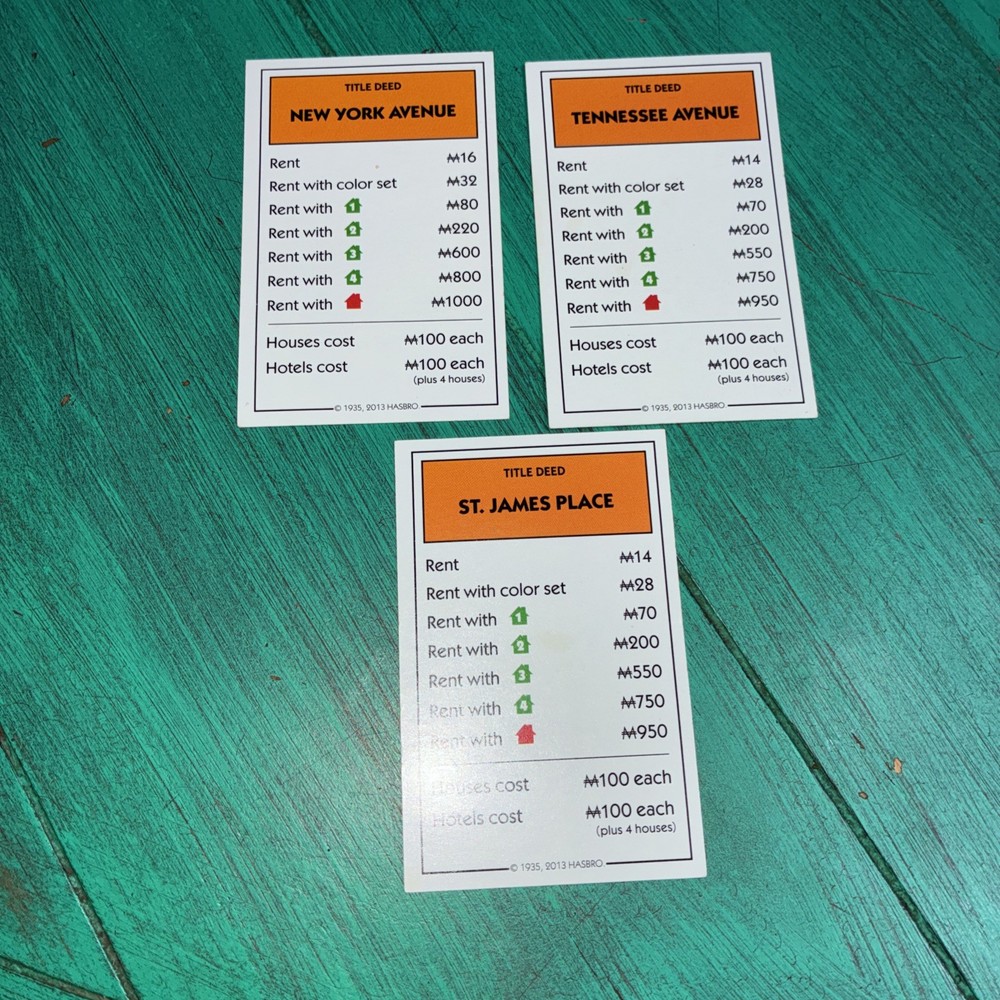2014 Monopoly Replacement - 3 Orange Property Cards