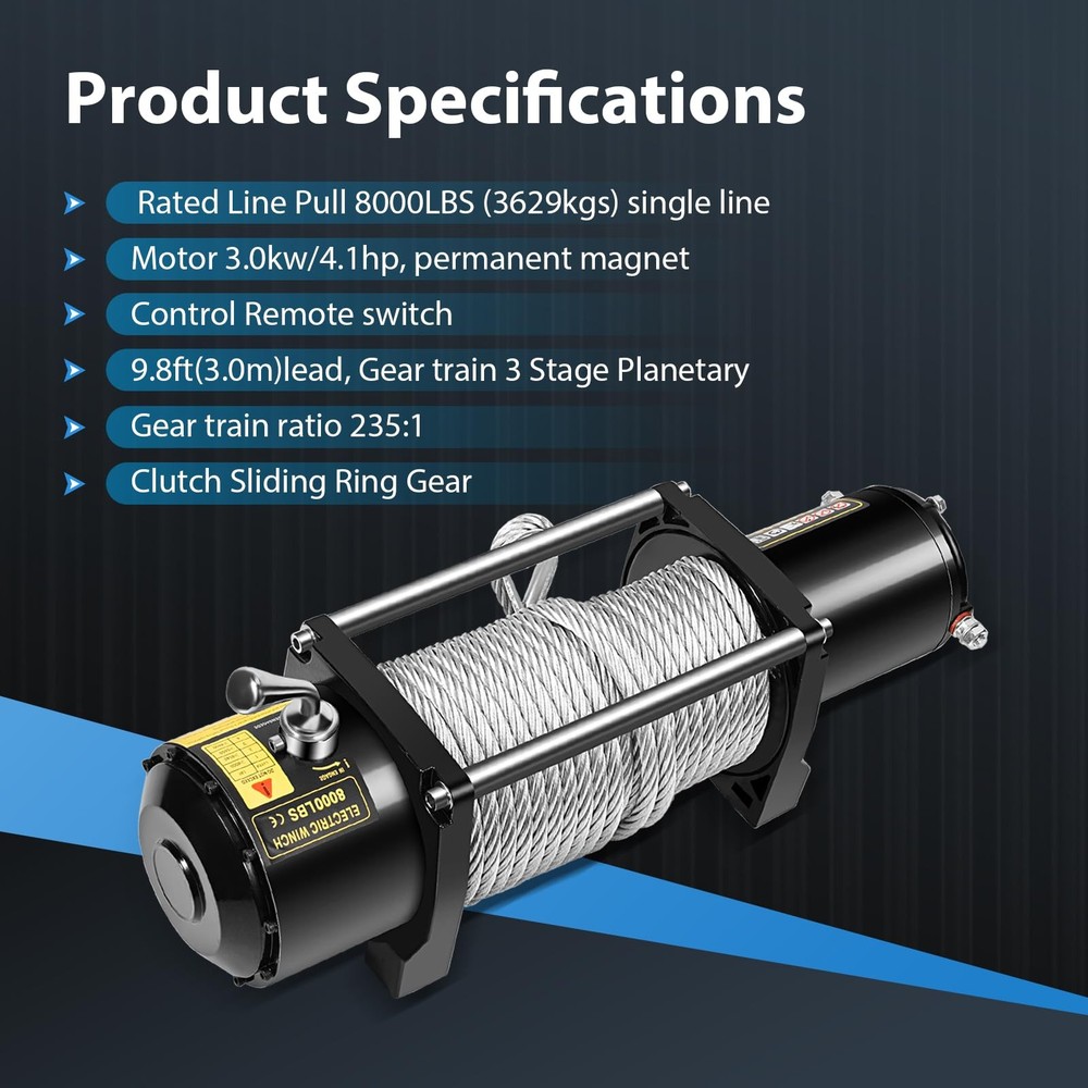 8000LBS Winch Kit Steel Cable Wireless Remote Control Box