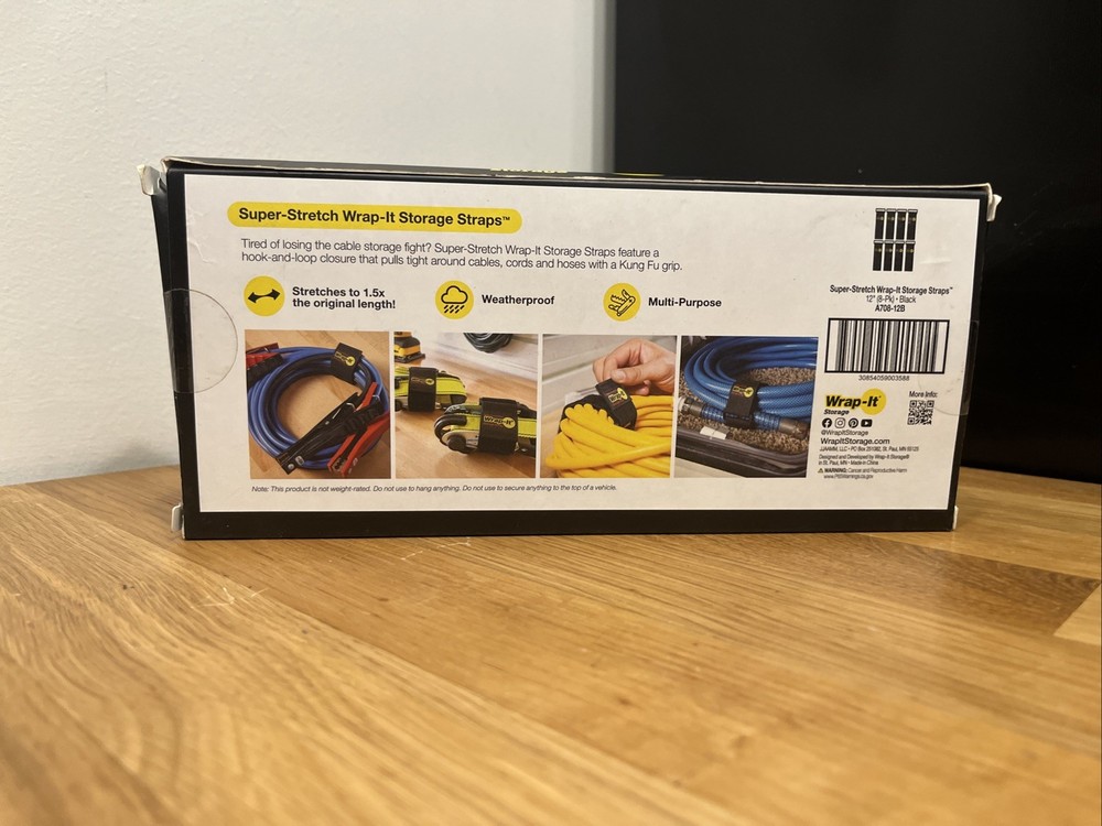 Wrap-It Storage Super-Stretch 12" Black Stretch Storage Garage Straps 8 Pack