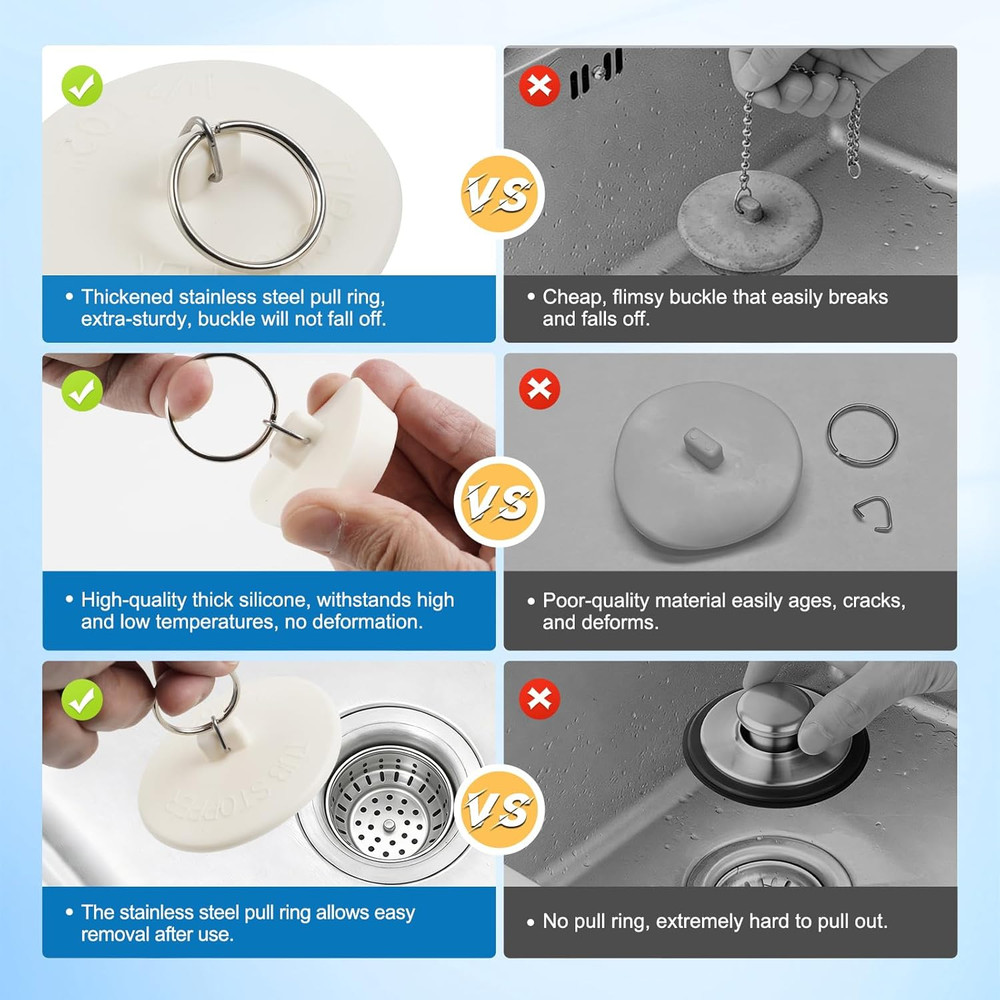 6PCS Sink Drain Stoppers Rubber Plug Set Pull Ring Multi Size