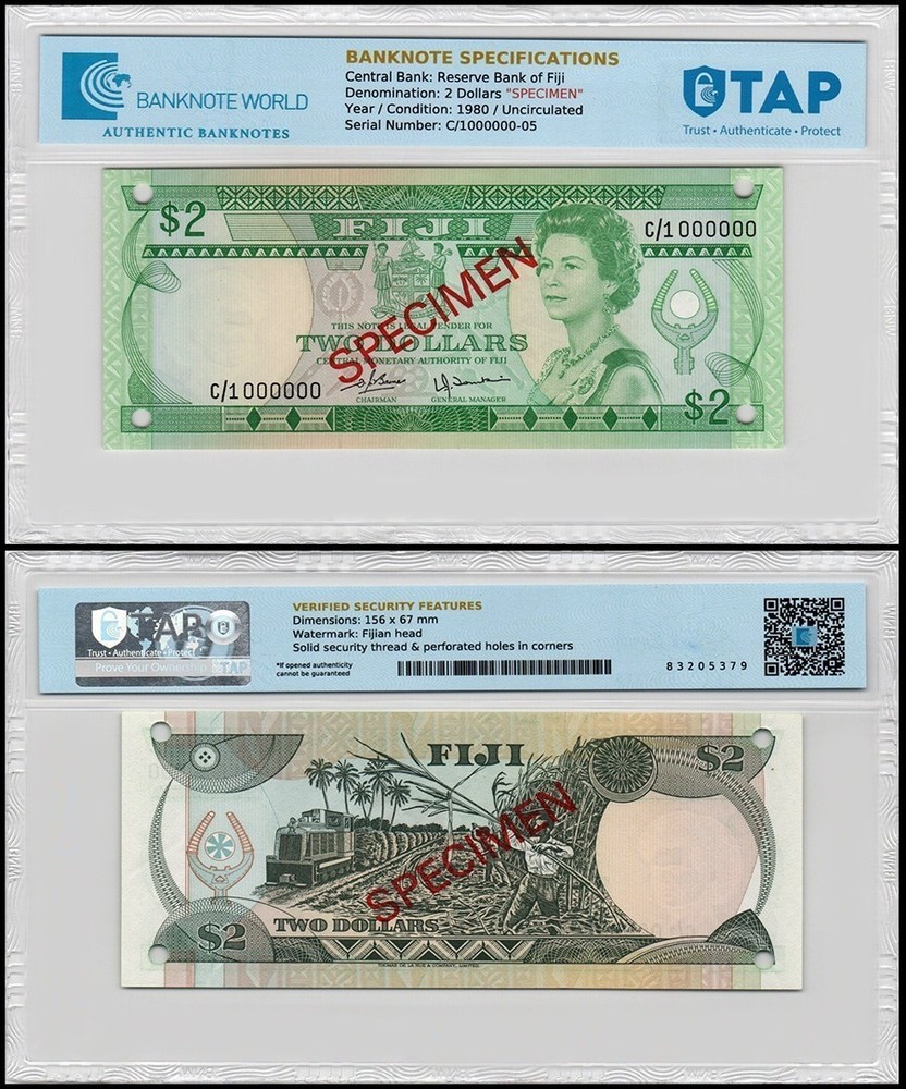 Fiji 2 Dollars, 1980 ND, P-77s, UNC, w/ Rust, Specimen, Authenticated