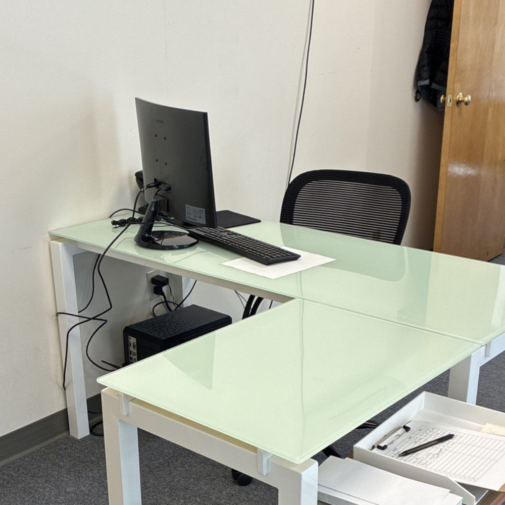 Glass Top L-Shaped Corner Office Desk with White Frame, Rectangle Shape