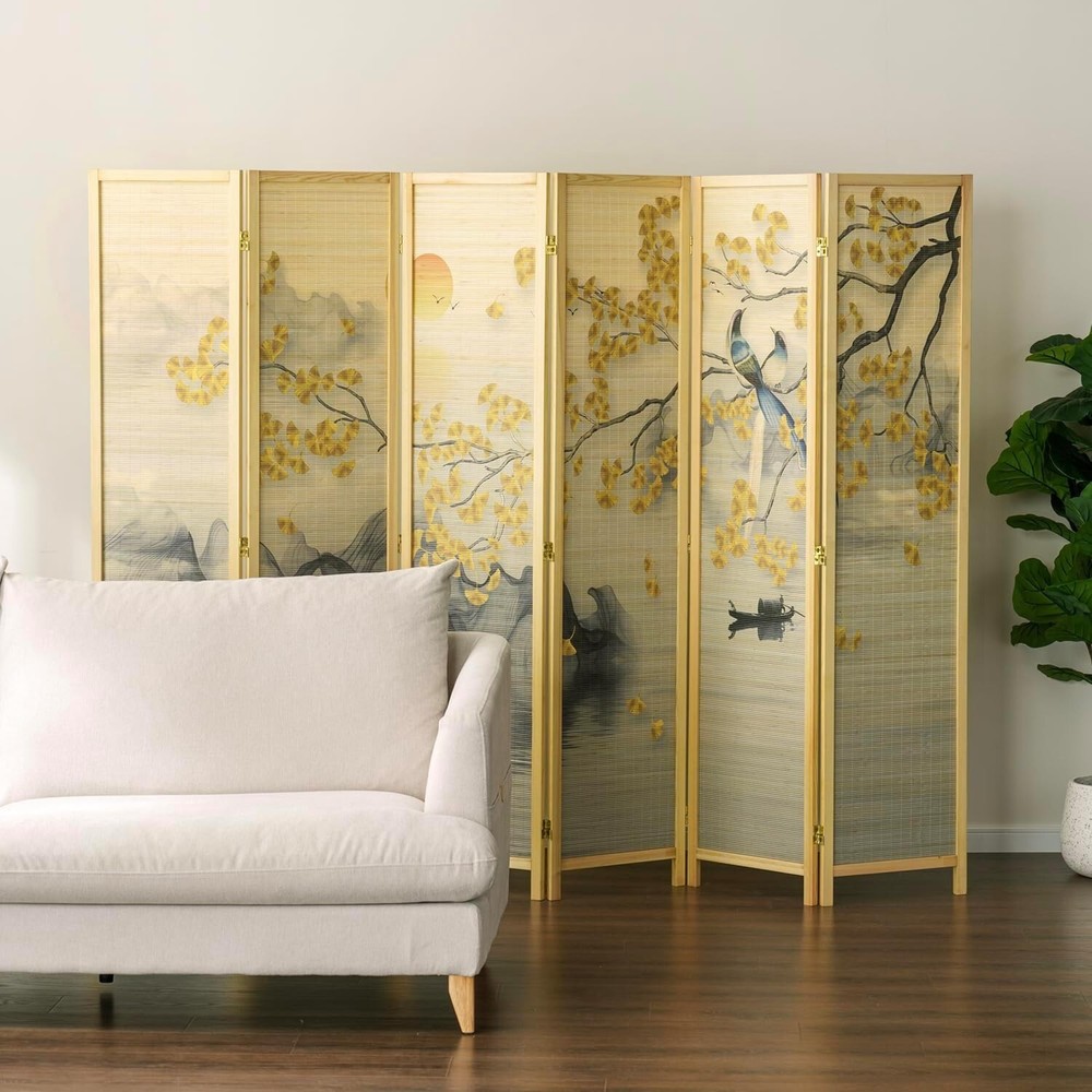6 Panel Freestanding Beige Bamboo Room Divider, Folding Screen with Wood Frame