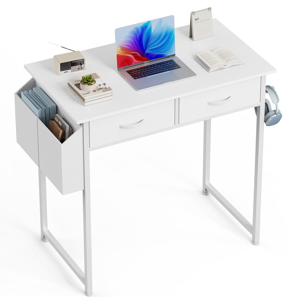 32" Modern Home Office Computer Desk with 2 Fabric Drawer Storage Side Bag, Hook