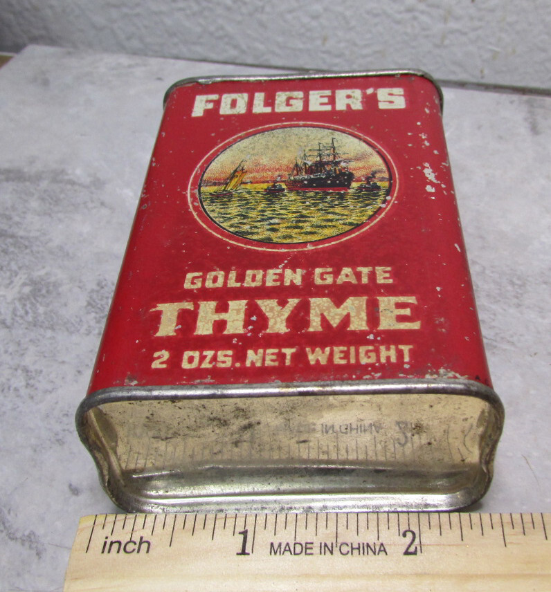 vintage JA Folgers Thyme empty 2 oz spice tin, old logo version style, rare!
