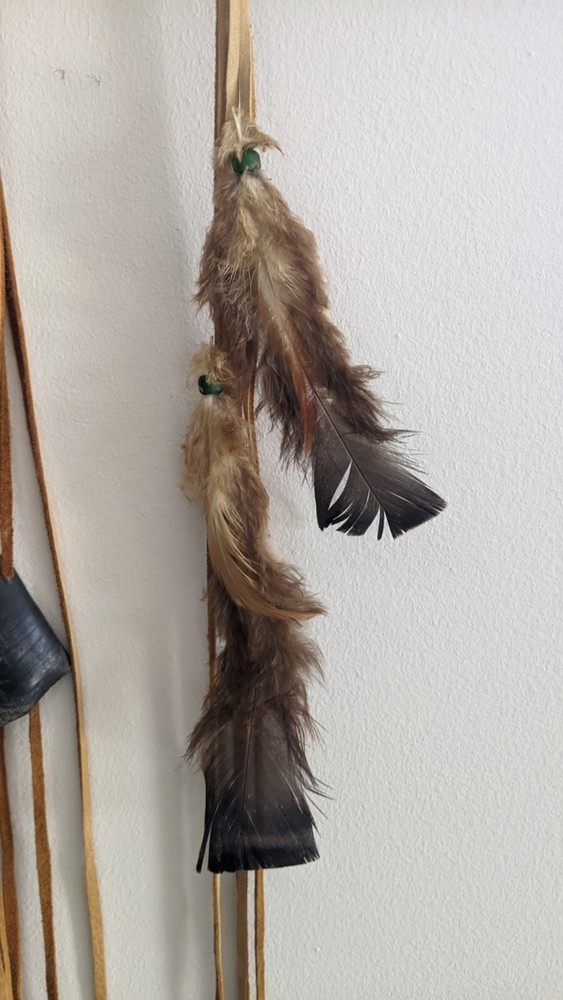 N.American Spear Arrow amulet leather & feather approx 33"L