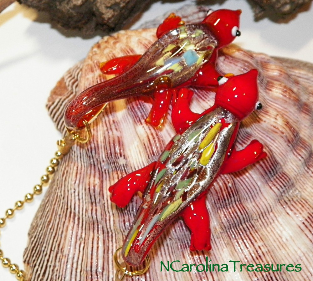 GLASS CEILING FAN SWITCH PULL RED MULTICOLORED LIZARD GECKO SALAMANDER LG PAIR