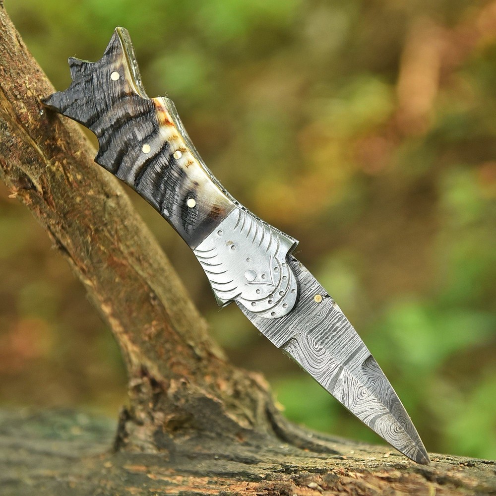 Damascus Folding Dagger Blade Pocket Knife Tactical-Original Ram Horn Handle