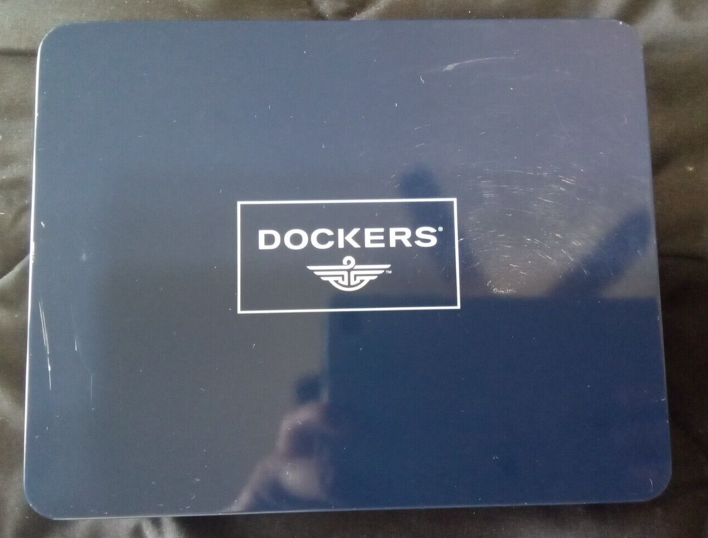 DOCKERS EMPTY BLUE AND WHITE TIN BOX