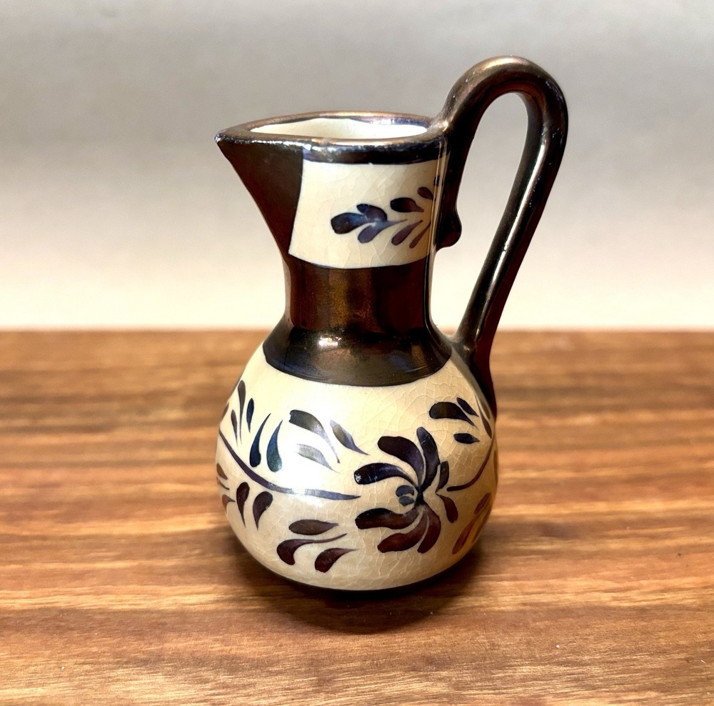 Miniature Lusterware Creamer Metallic Copper Glazed Band England Leaf Pattern