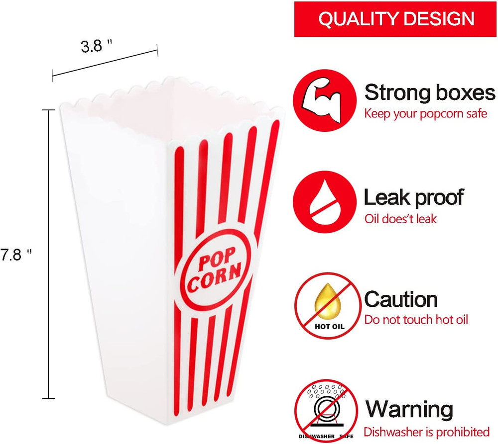 Reusable Plastic Popcorn Containers 4 Pack 7.8" Red White Striped Popcorn Boxes