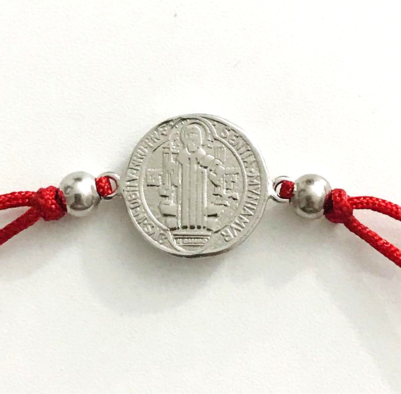 925 Solid Silver Saint Benedict Red Cord Bracelet Pulsera Roja San Benito- B116