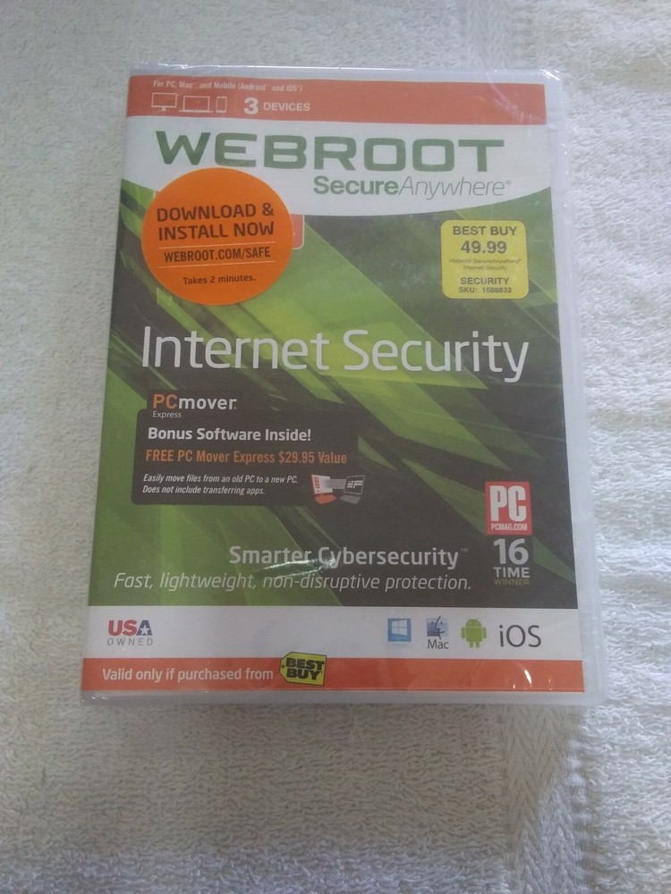 Webroot Secure Anywhere Internet Security (3 Devices) PC, Mac, Mobile New Sealed