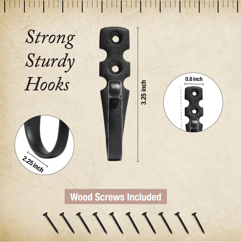 Cast Iron Wall Hooks (10 Pack) Handmade Blacksmith - Wall Mounted J Hooks - F...