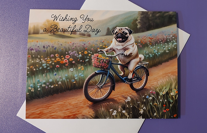 Pug Riding Bicyle Greeting Card Customizable