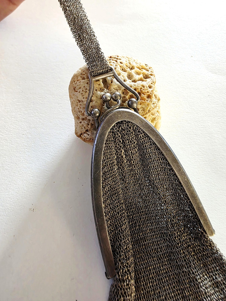 Antique Solid Silver 800 German Small Mesh Handbag Purse with Mesh Handle Strap.