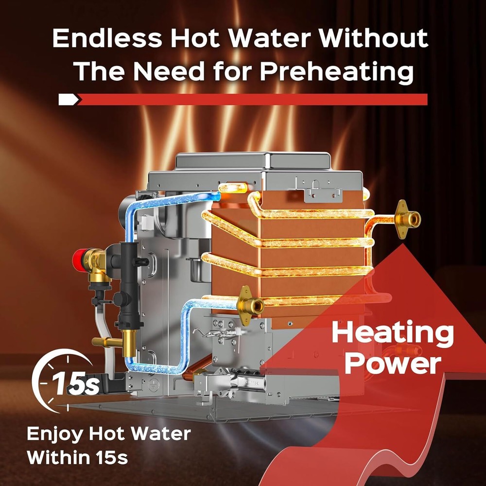 RVPart Pro 42000BTU RV Tankless Water Heater 12V Propane Instant Hot Water Black