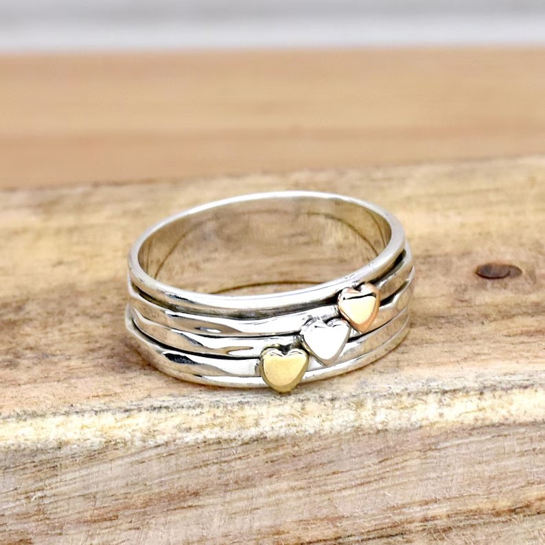 Solid 925 Sterling Silver Heart Spinner Meditation Worry Three-Color Mixed Ring