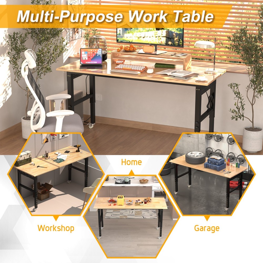 70'' Adjustable Workbench with Socket, Wheels ,Fixed Legs and Hanging Board