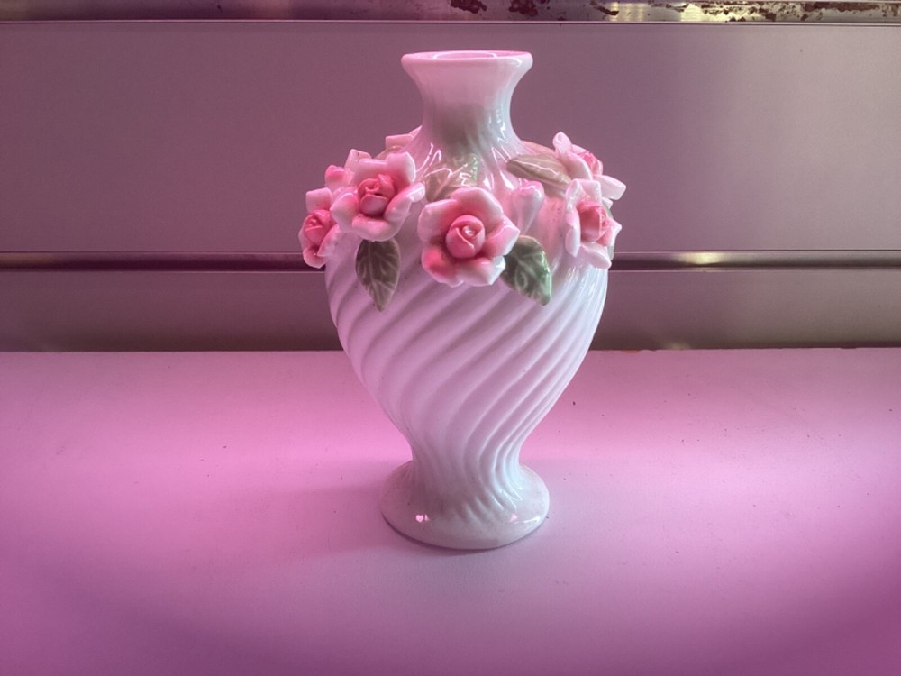 Vintage, Floral White Vase, 14cm