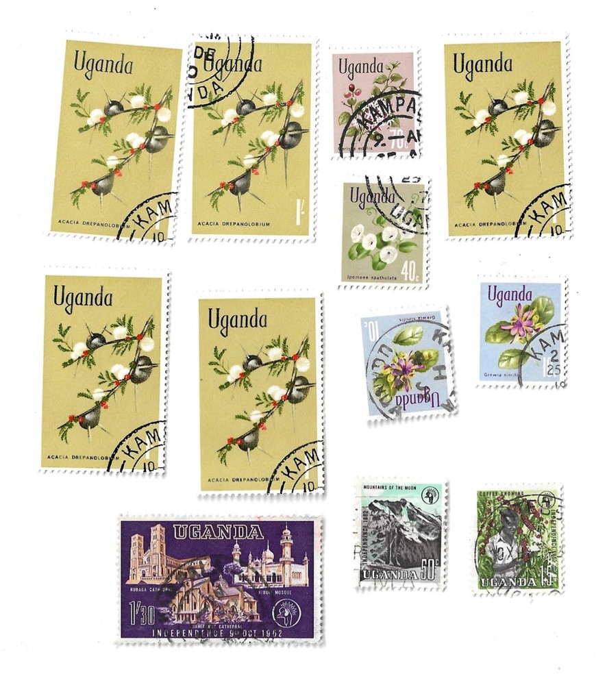 Uganda postage stamps, off paper x 12