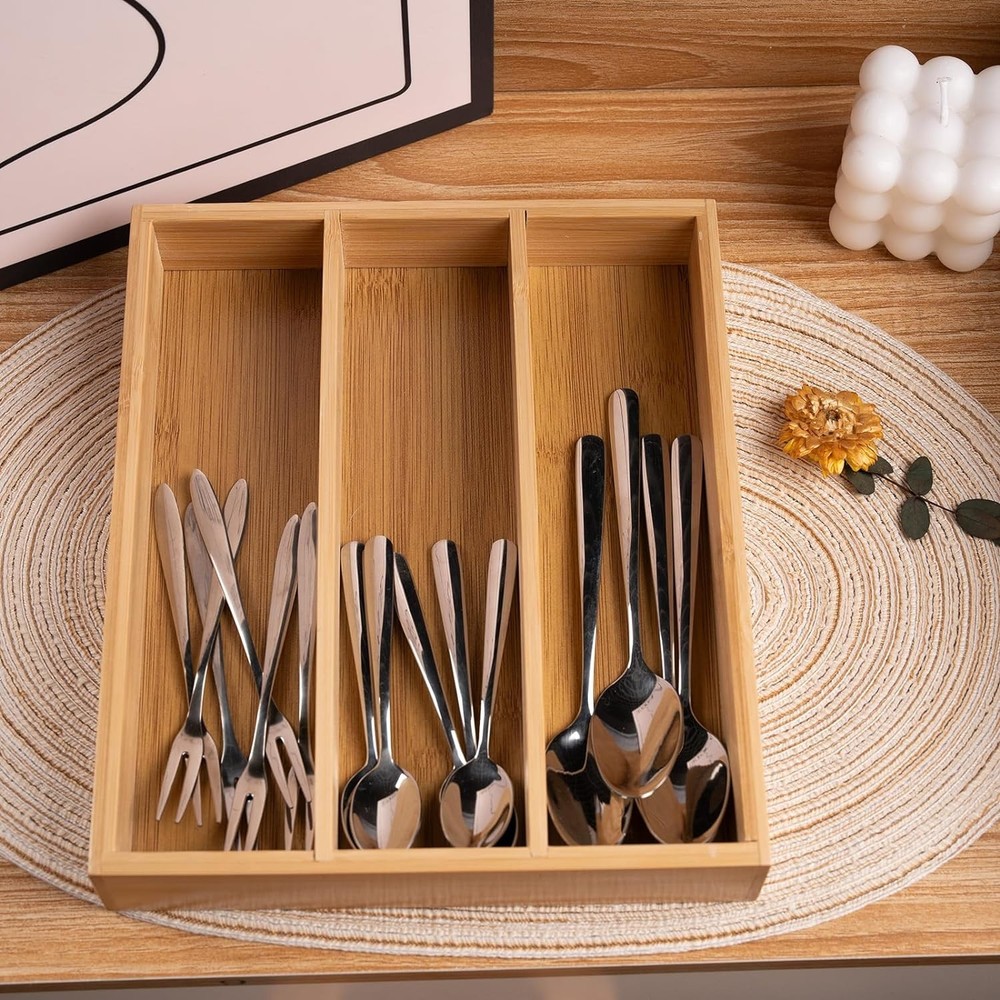 Silverware Organizer Bamboo Kitchen Drawer 3 Compartments, Natural