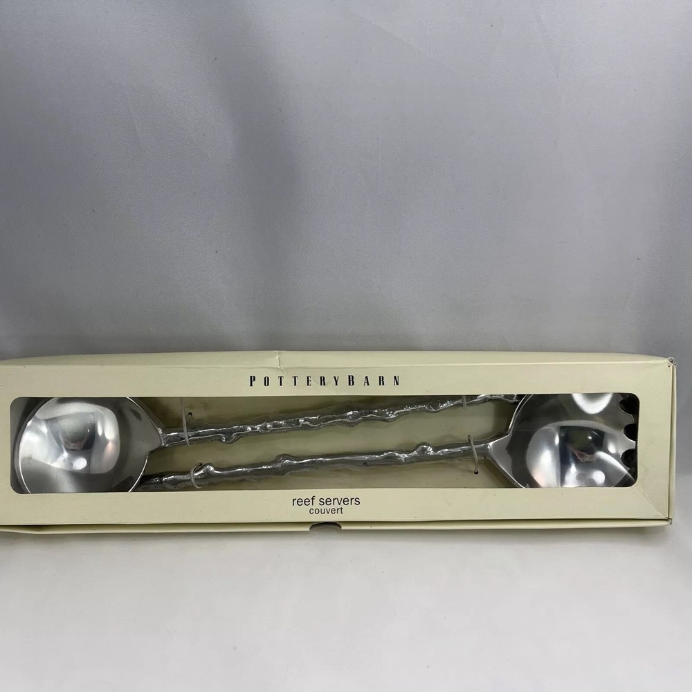 Pottery Barn Reef Servers Silver Tone 2 Piece Serving Set Fork Spoon New In Box