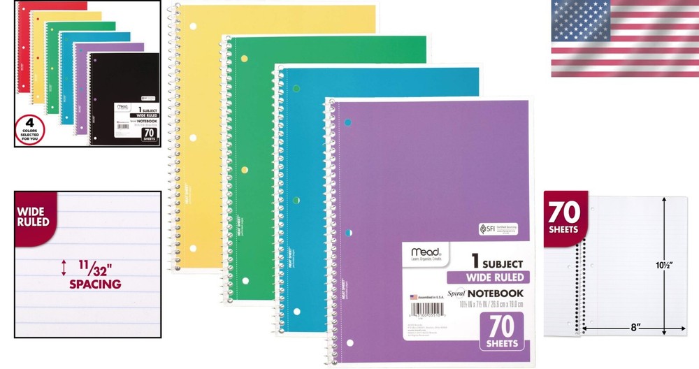 Versatile 4-Pack Spiral Notebooks - 1 Subject, 70 Sheets, Durable & Practical