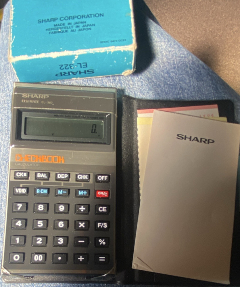 Sharp EL-322 Vintage Checkbook Calculator with Case, Box, and Manuals