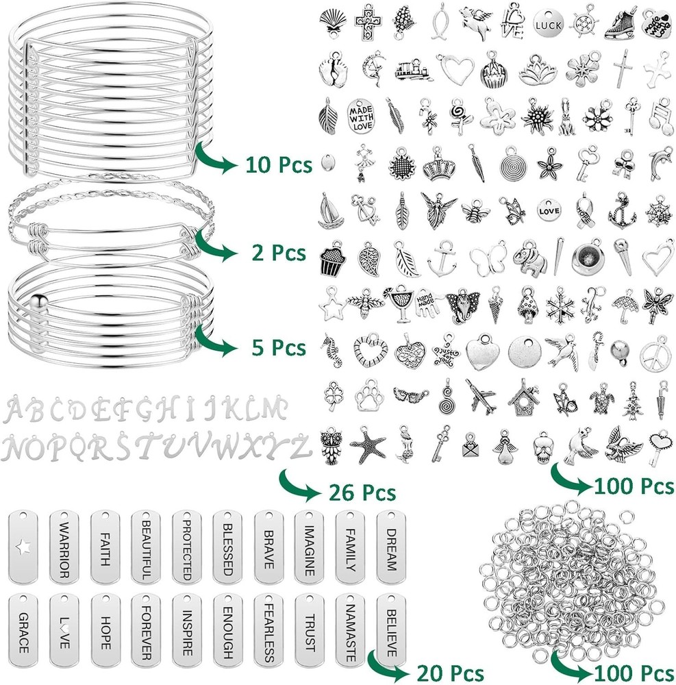363 Pcs Charm Bracelet Making Kit Bangle Bracelets DIY Kit, 17 Silver Expandable