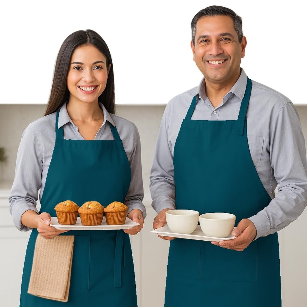 Kitchen Apron 2 Pack 100 Cotton Adjustable Pockets Cooking Grilling