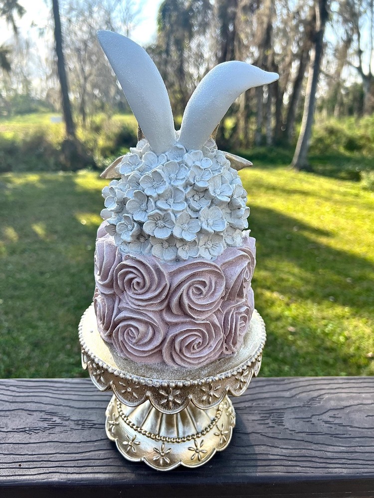 Regency Easter Cake Bunny Rabbit Ears on Pedestal Spring Decor Pink White 13.5"